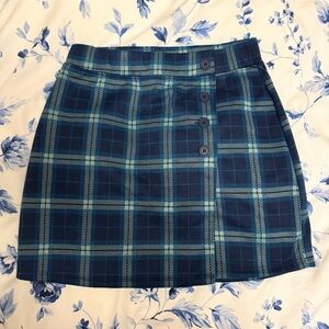 NWT SO Blue Plaid Mini Pencil Skirt with Wrap Design XS